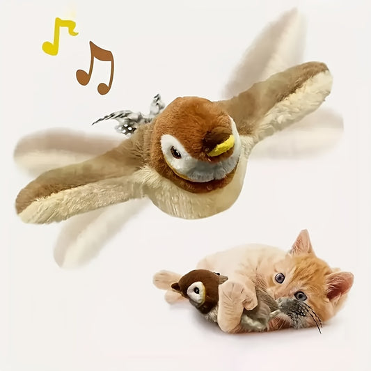 Interactive Flying Sparrow Cat Toy with Flapping Wings & Chirping Sounds - Motion-Activated by Touch, USB Soft Plush Bird Toy with Expressive Eyes & Safe Lithium Polymer Battery for Indoor\u002FOutdoor Play - Compatible with Kittens, Cats, Small Dogs - Re