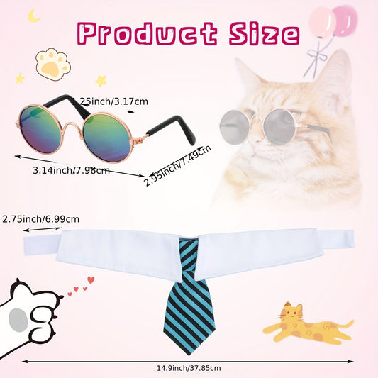 8pcs Pet Dog Cat Costume Halloween Dog Neck Tie Dog Glasses For Small Dog Cat Round Metal Classic Retro Glasses Tie Pet Costume Tuxedo Necktie Collar Puppy Accessories Halloween Cosplay Party