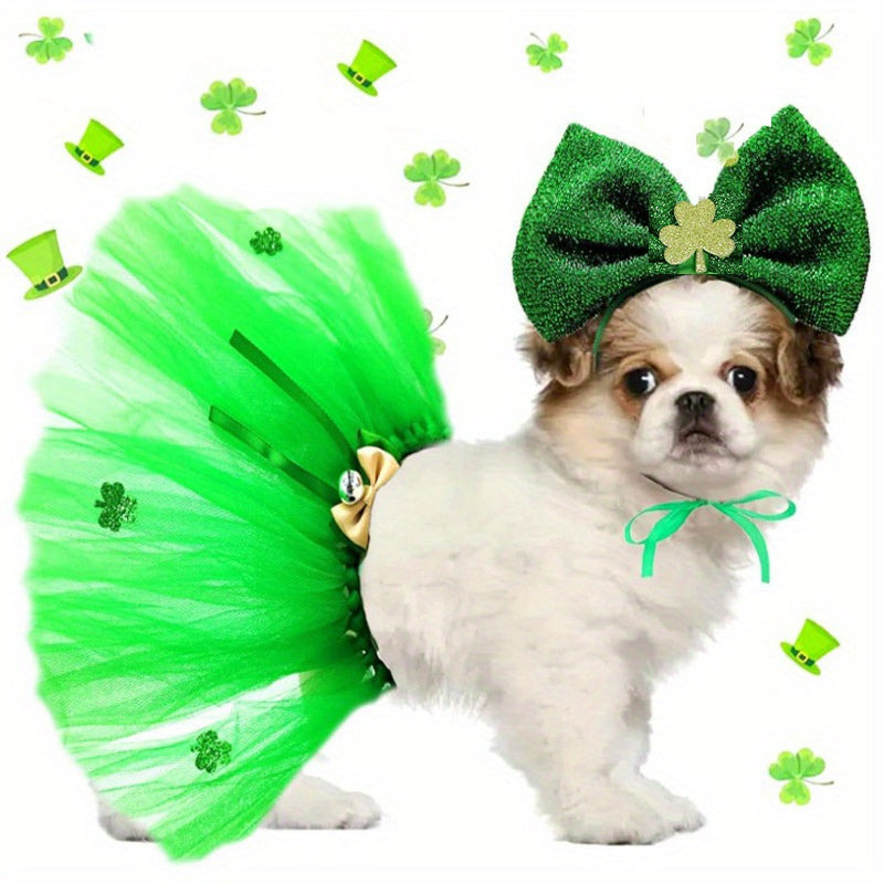 St. Patrick'S Day Dog Ballet Lace Skirt Bow Clover Headband Set, Suitable for Irish Festival Pet 2pcs Set (Skirt+Headband), Festival Gift, Festival Atmosphere, Without Battery