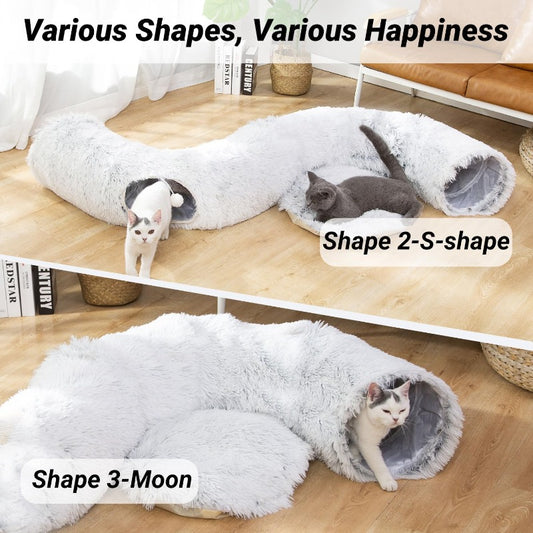 Warm Fluffy Plush Cat Dog Tunnel Bed with Washable CushionBig Tube Playground Toys 3 FT Diameter Longer Crinkle Collapsible 3 Way for Indoor Cat Kitty Kitten Puppy Rabbit Ferret White