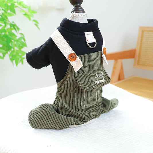 Dog One-Piece Outfit - Soft Corduroy Sweater & Overalls with Elastic Waist & Buckle Closure, Green\u002FBeige Striped Pattern, Warm Winter Clothes for Small Dogs Chihuahua Dachshund, Cozy Daily & Holiday Jumpsuit Costume
