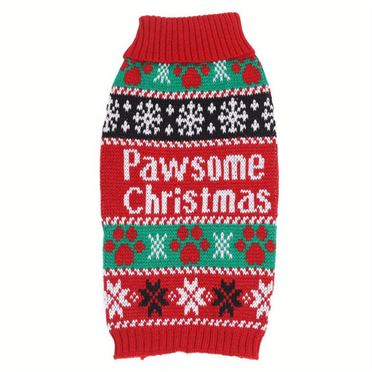 For Small to Medium Dogs and Cats, Pawsome Christmas Acrylic Pullover Sweater, Festive Red Winter Pet Apparel with Weave Design