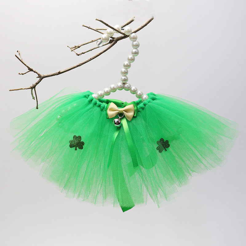 St. Patrick'S Day Dog Ballet Lace Skirt Bow Clover Headband Set, Suitable for Irish Festival Pet 2pcs Set (Skirt+Headband), Festival Gift, Festival Atmosphere, Without Battery
