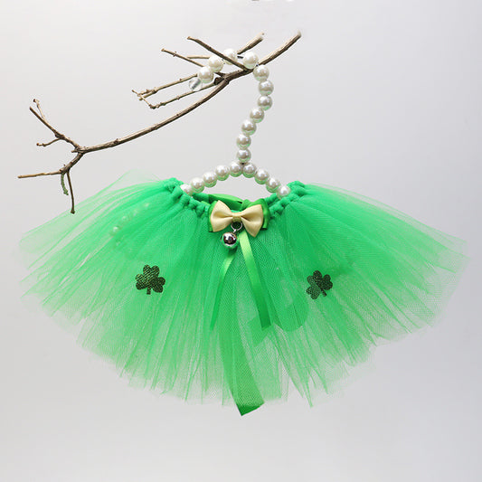 St. Patrick'S Day Dog Ballet Lace Skirt Bow Clover Headband Set, Suitable for Irish Festival Pet 2pcs Set (Skirt+Headband), Festival Gift, Festival Atmosphere, Without Battery