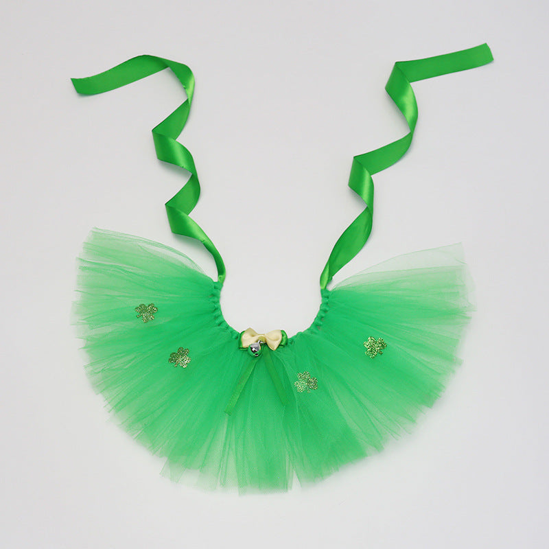St. Patrick'S Day Dog Ballet Lace Skirt Bow Clover Headband Set, Suitable for Irish Festival Pet 2pcs Set (Skirt+Headband), Festival Gift, Festival Atmosphere, Without Battery